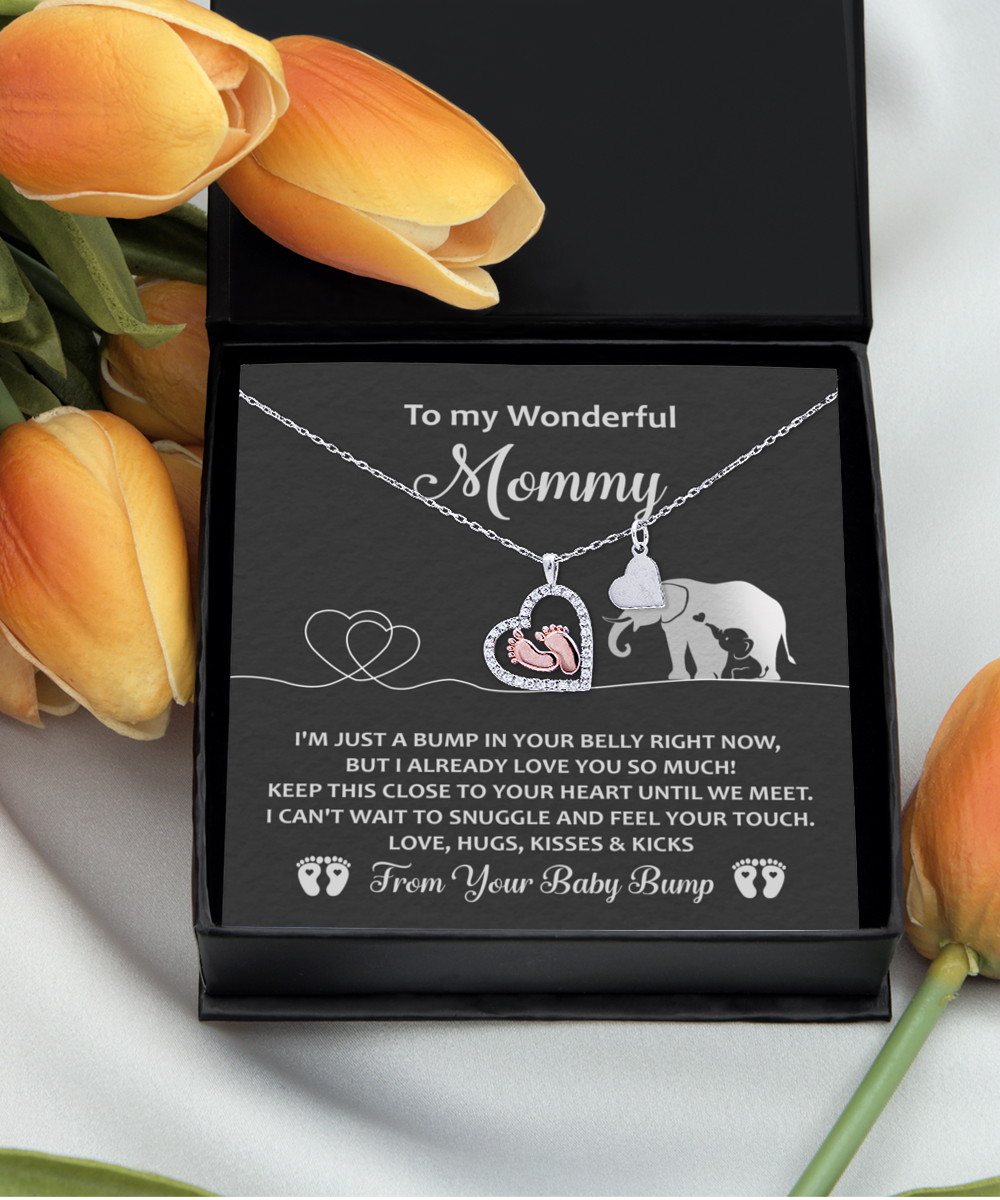 To My Wonderful Mommy - I'm Just A Bump In Your Belly Right Now, But I Already Love You So Much - Baby Feet Heart Necklace