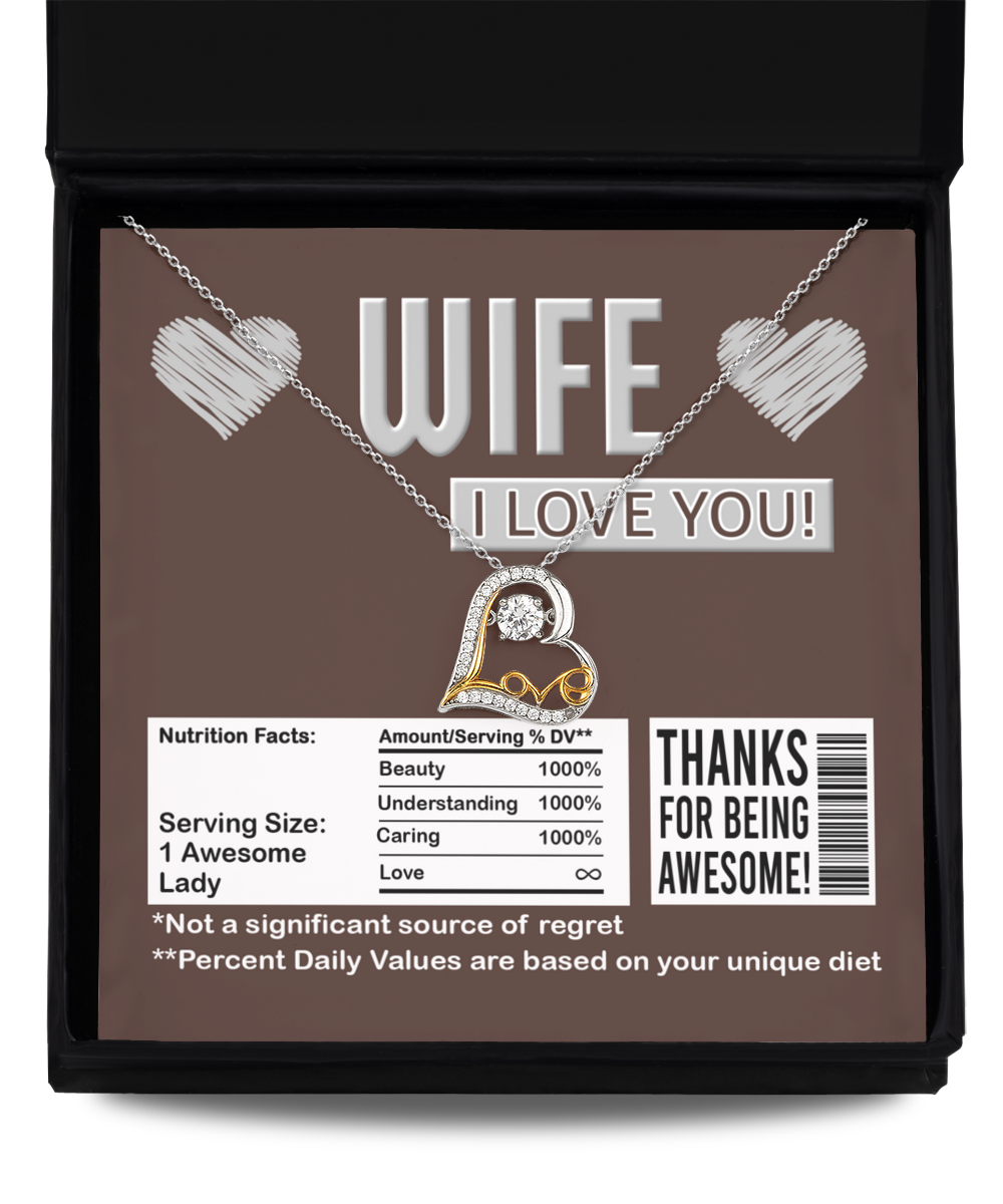 Wife, I Love You, Thanks For Being Awesome! - Funny Wife Nutrition Facts Message Card Gift - Perfect Birthday, Anniversary Gift - Love Dancing Heart Necklace