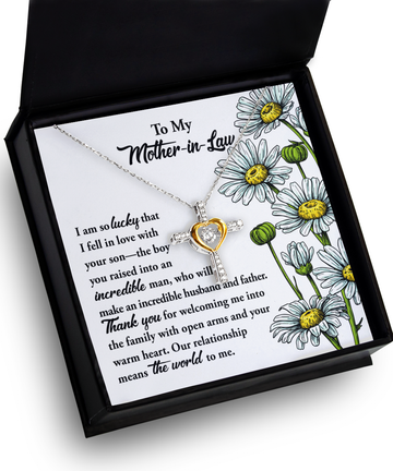 To My Mother-In-Law - I Am So Lucky That I Fell In Love With Your Son - The Boy You Raised Into An Incredible Man, Who Will Make An Incredible Husband And Father - Cross Heart Necklace